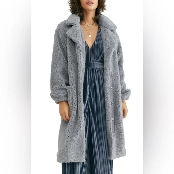 Free People Tessa Cozy Gray Teddy Coat Jacket Dusty Blue L XL - Picture 2 of 16